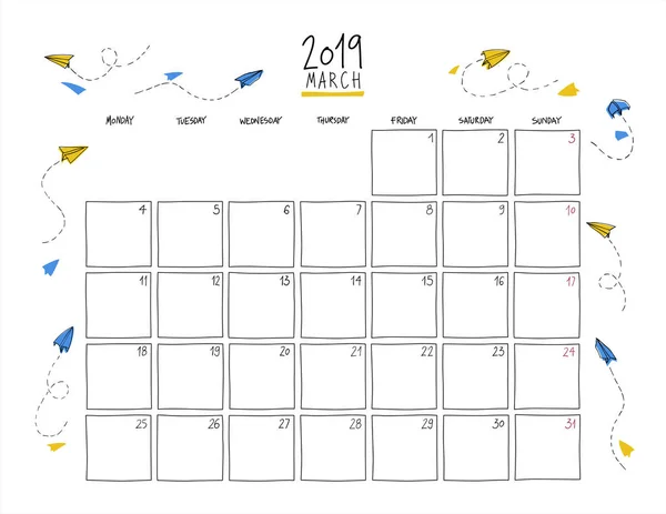 Calendario Mural Marzo 2019 Dibujo Colorido Plantilla Horizontal Tamaño Carta — Vector de stock