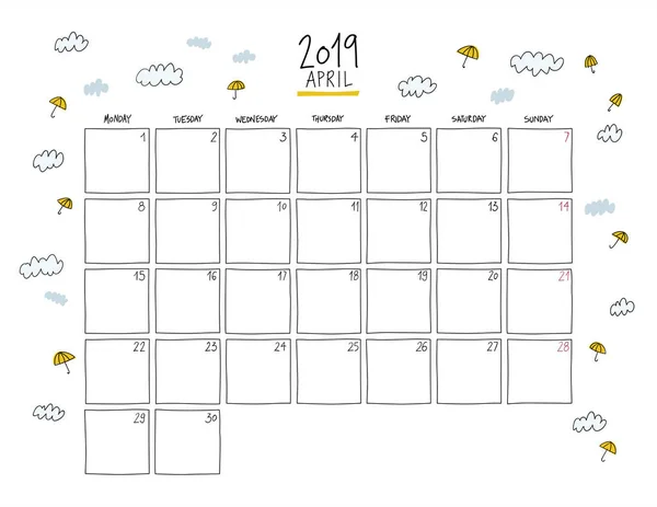 Calendario Mural Abril 2019 Dibujo Colorido Plantilla Horizontal Tamaño Carta — Vector de stock