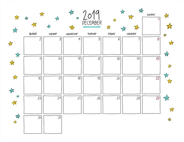 Calendario Mural Diciembre 2019 Dibujo Colorido Plantilla Horizontal Tamaño Carta — Vector de stock