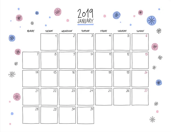 Январь 2019 Года Календарь Стен Цветной Эскиз Горизонтального Шаблона — стоковый вектор