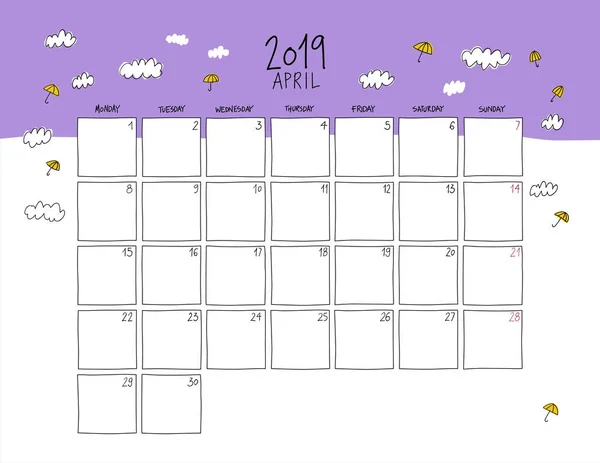 Calendario Mural Abril 2019 Dibujo Colorido Plantilla Horizontal — Vector de stock