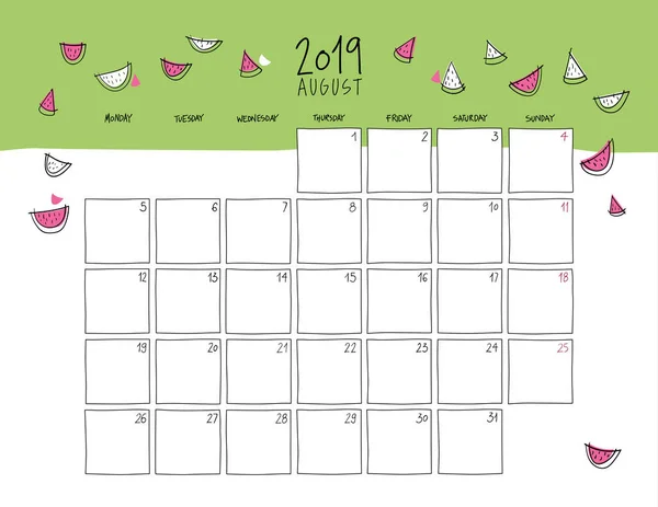 Calendario Mural Agosto 2019 Dibujo Colorido Plantilla Horizontal — Archivo Imágenes Vectoriales