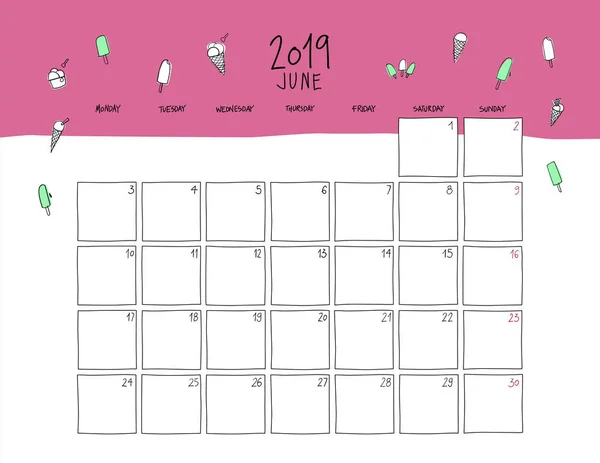 Calendario Mural Junio 2019 Dibujo Colorido Plantilla Horizontal — Archivo Imágenes Vectoriales