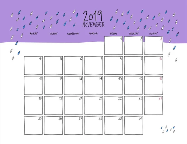 November 2019 Wall Calendar Colorful Sketch Horizontal Template — Stock Vector