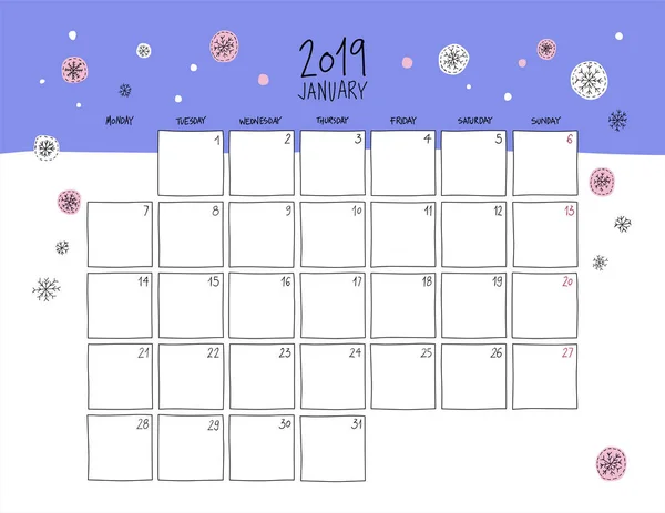 January 2019 Wall Calendar Colorful Sketch Horizontal Template — Stock Vector