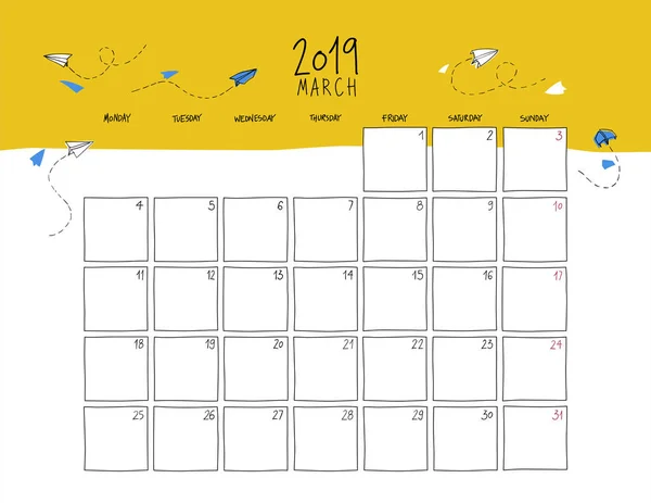 Calendario Mural Marzo 2019 Dibujo Colorido Plantilla Horizontal — Vector de stock