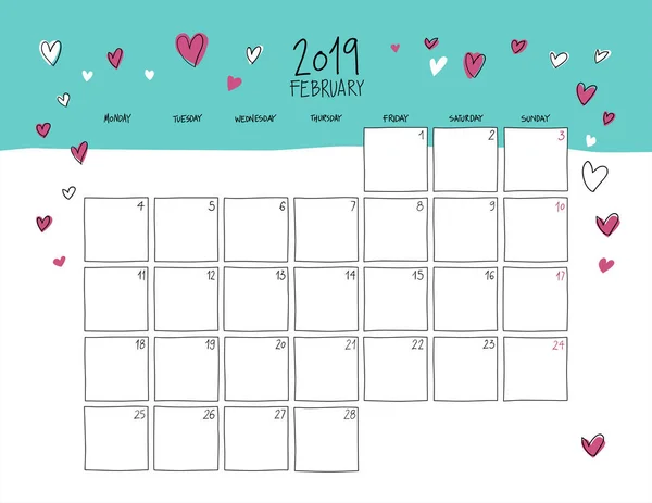 Febbraio 2019 Calendario Parete Modello Orizzontale Schizzo Colorato — Vettoriale Stock