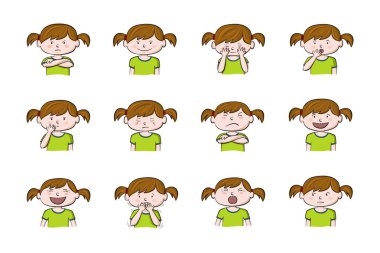Küçük kız gösteren farklı duygular. 12 topluluğu el Beyaz arka plan üzerinde izole çekilmiş renkli çizimler