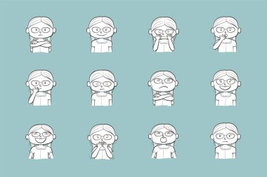 Küçük kız gösteren farklı duygular. Koleksiyon üzerinde mavi arka plan izole 12 elle çizilmiş çizgi resimler