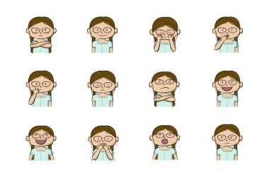 Küçük kız gösteren farklı duygular. 12 topluluğu el Beyaz arka plan üzerinde izole çekilmiş renkli çizimler