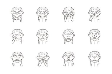 Küçük kız gösteren farklı duygular. Beyaz arka plan üzerinde izole 12 elle çizilmiş çizgi resimler koleksiyonu