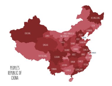 Çin Halk Cumhuriyeti kırmızı vektör harita. Tüm bölgeler ile kroki çizim