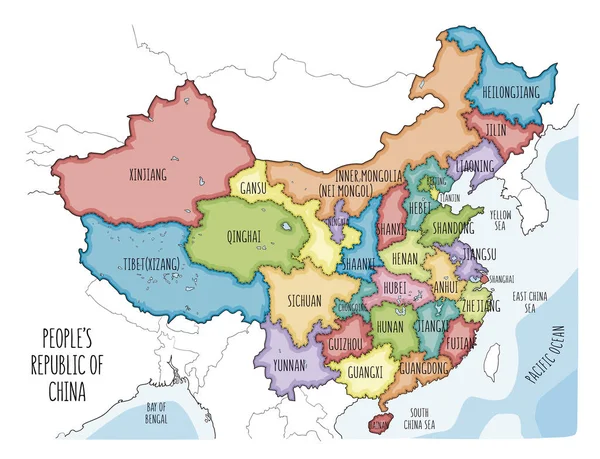 Vector Mapie Chińskiej Republiki Ludowej Ilustracja Kolorowy Szkic Wszystkich Regionów — Wektor stockowy