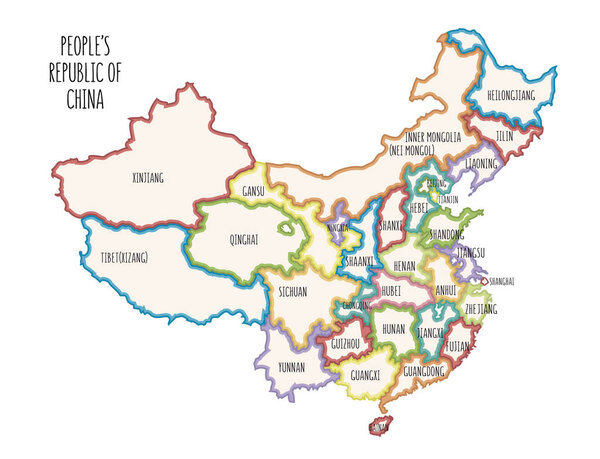 Vector map of the People's Republic of China. Colorful sketch illustration with all regions