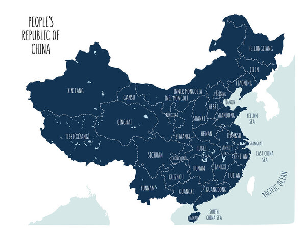 Blue vector map of the People's Republic of China. Sketch illustration with all regions