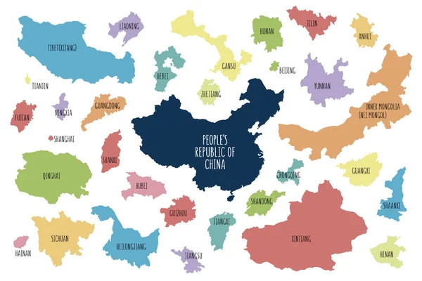Красочная Карта Китая Отдельными Регионами Контуры Регионов Ярлыками — стоковый вектор