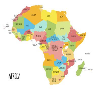 Afrika renkli el çekilmiş siyasi Haritası.