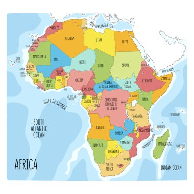 Afrika renkli el çekilmiş siyasi Haritası.