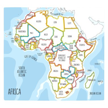 Afrika renkli el çekilmiş siyasi Haritası.