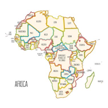 Afrika renkli el çekilmiş siyasi Haritası.