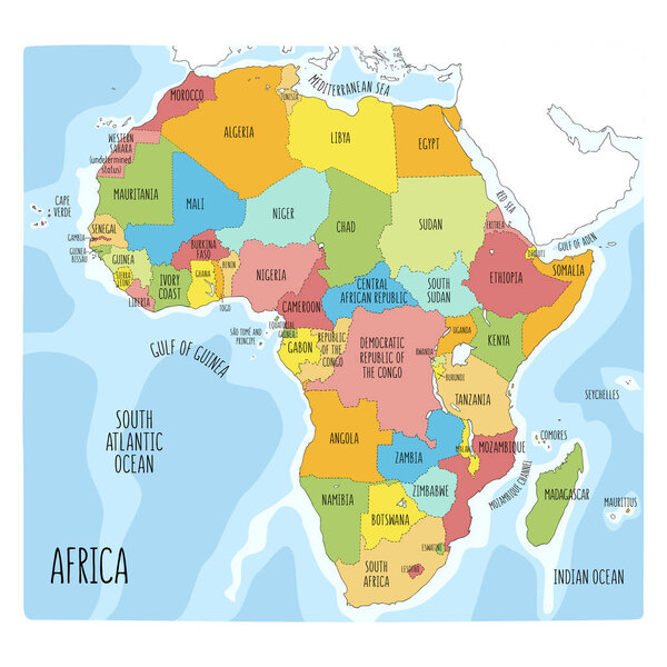 Colorful hand drawn political map of Africa.