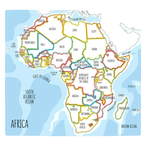 Bunte handgezeichnete politische Landkarte Afrikas. — Stockvektor