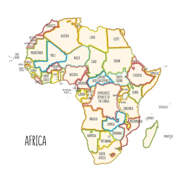 Bunte handgezeichnete politische Landkarte Afrikas. — Stockvektor