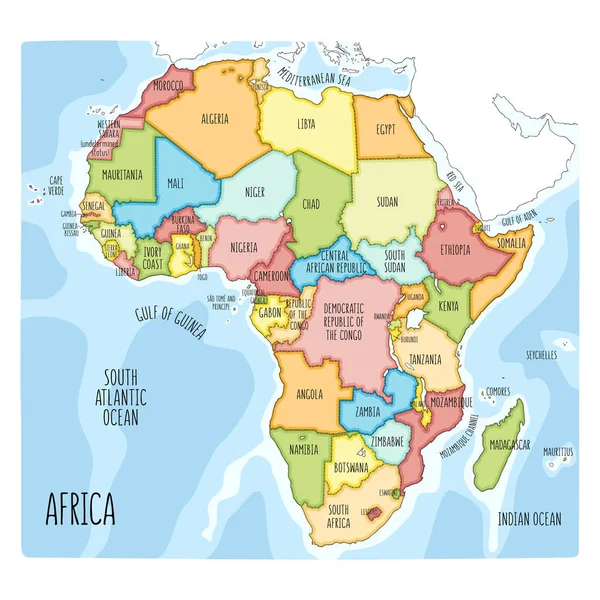 Barevné ručně tažené politická mapa Afriky. — Stockový vektor