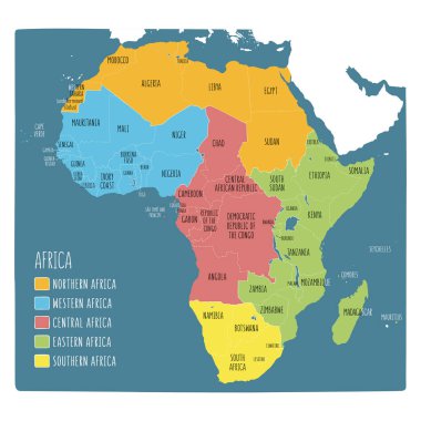 Beş bölge ile Afrika 'nın renkli el çizilmiş siyasi harita