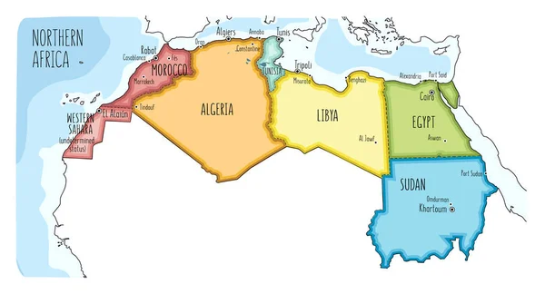 Mão colorida desenhado mapa político do norte da África com rotulagem Inglês . — Vetor de Stock