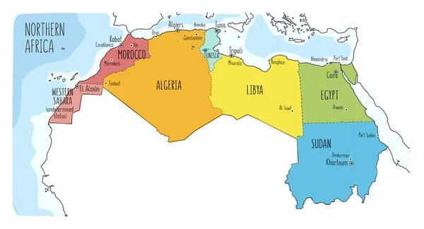 Colorful hand drawn political map of Northern Africa with English labeling.