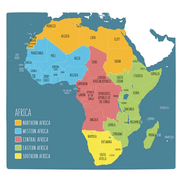 Mão colorida desenhado mapa político da África com cinco regiões —  Vetores de Stock