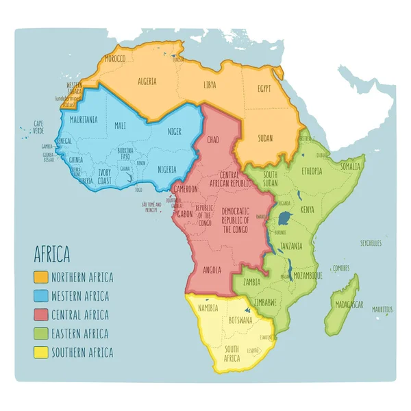 Beş bölge ile Afrika 'nın renkli el çizilmiş siyasi harita — Stok Vektör