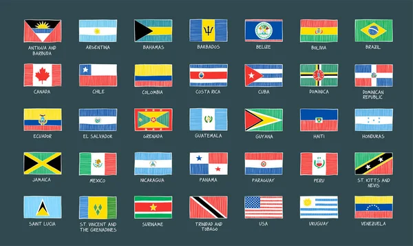 Zestaw 35 flagi na kontynencie amerykańskim — Wektor stockowy