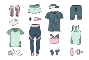 Running clothes set of hand drawn illustrations. Colorful doodle style. Vector clipart