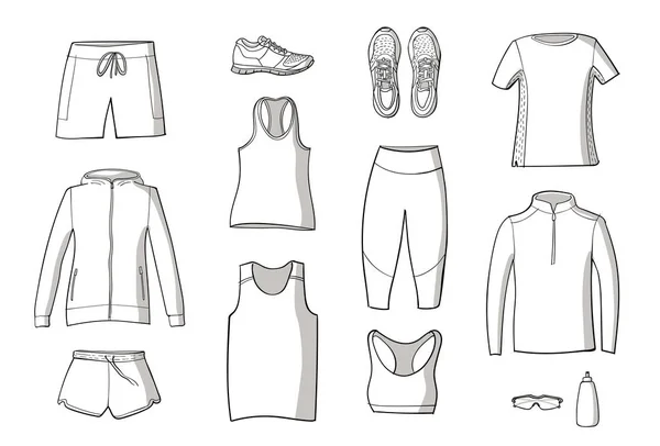 Correr conjunto de ropa de ilustraciones dibujadas a mano. Al estilo Doodle. Línea sobre fondo blanco — Archivo Imágenes Vectoriales