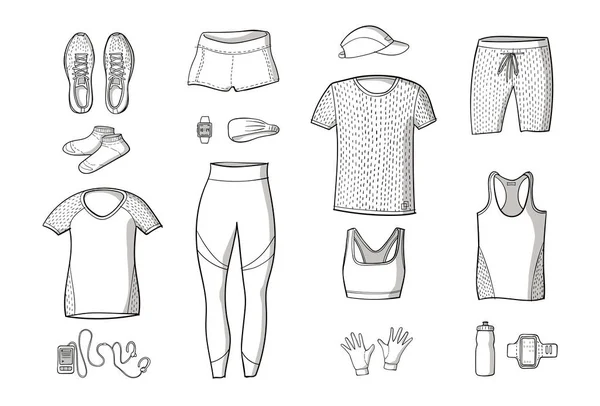 Correr conjunto de ropa de ilustraciones dibujadas a mano. Al estilo Doodle. Línea sobre fondo blanco — Archivo Imágenes Vectoriales