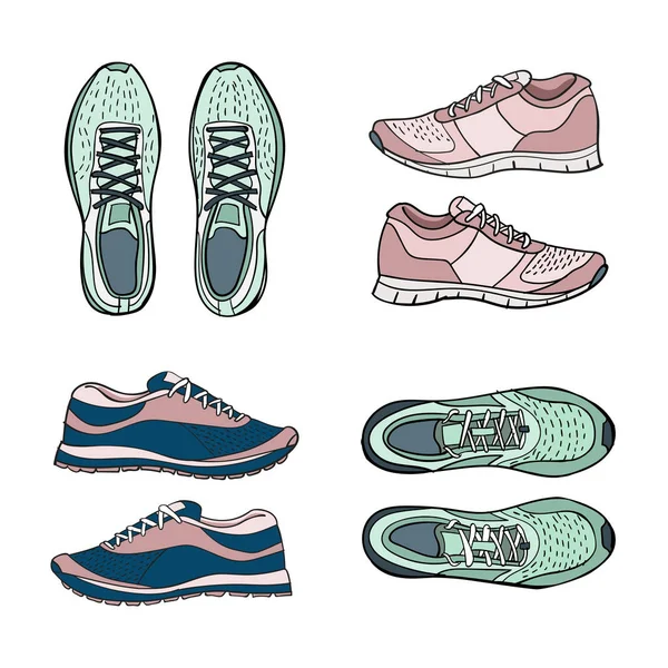 Running shoes set of hand drawn illustrations. Colorful doodle style. Vector — Stock Vector