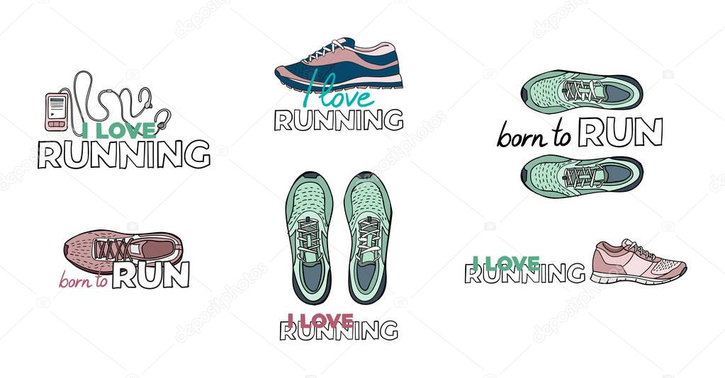 Running logos set of hand drawn illustrations. Colorful doodle style. Vector