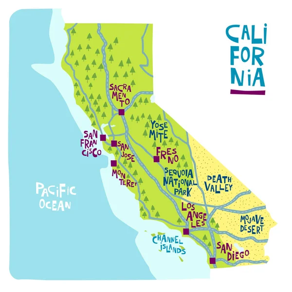 Abd Nin Kaliforniya Eyaleti Haritası Simgesel Yapılar Renkli Çizilmiş Illüstrasyon — Stok Vektör