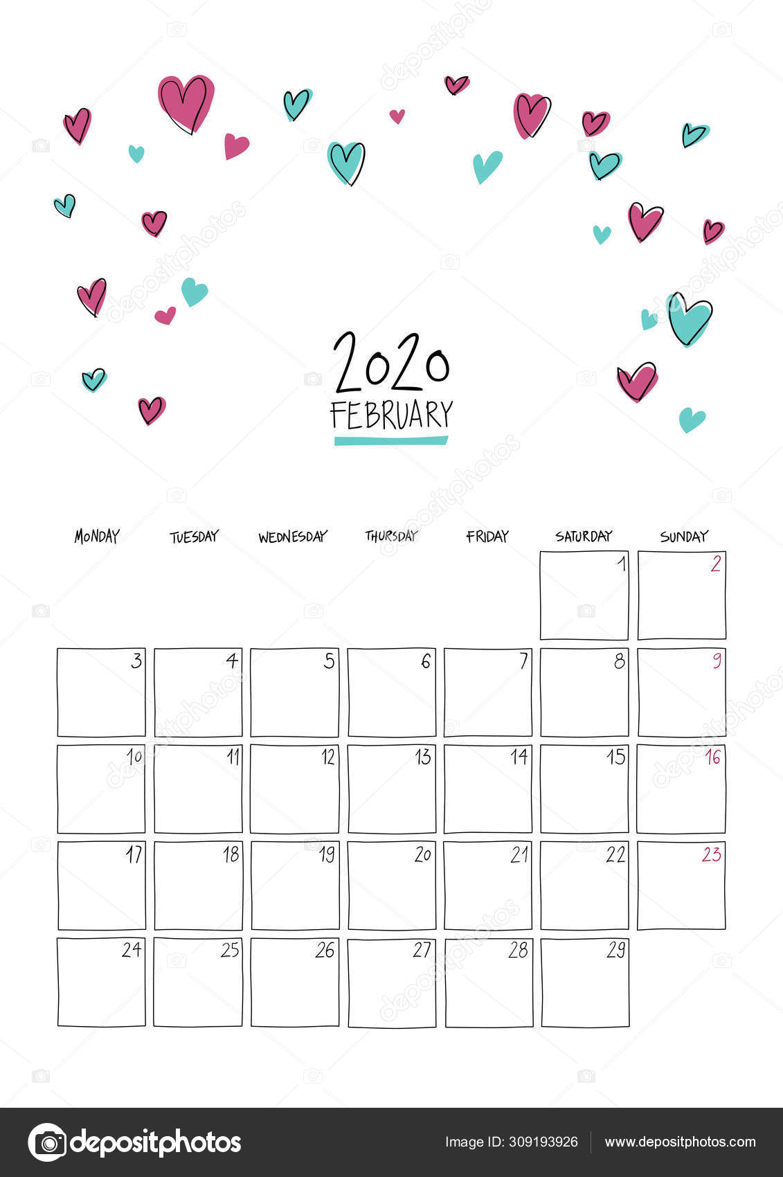 February 2020 Doodle Wall Calendar — Stock Vector