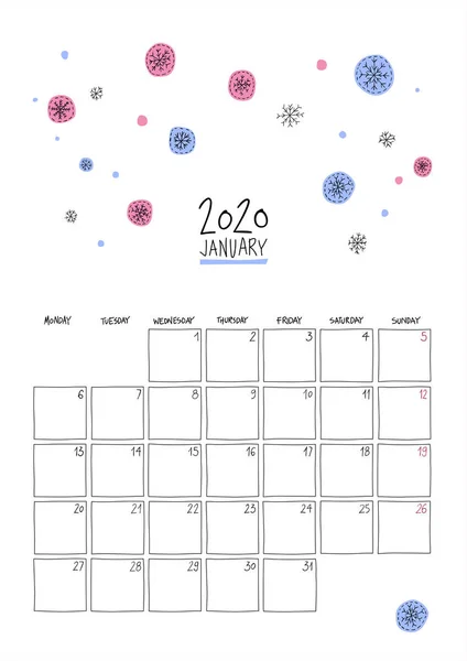 Enero 2020 doodle calendario de pared . — Archivo Imágenes Vectoriales