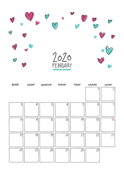 Febrero 2020 doodle calendario de pared . — Archivo Imágenes Vectoriales