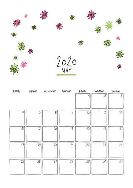 Mayo 2020 doodle calendario de pared . — Vector de stock