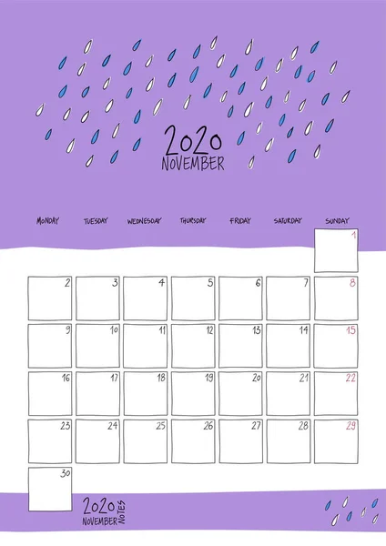 Noviembre 2020 doodle calendario de pared . — Vector de stock