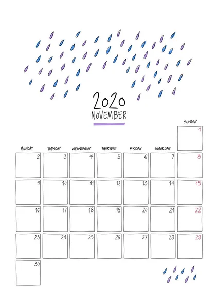 Listopad 2020 Doodle Nástěnný kalendář. — Stockový vektor