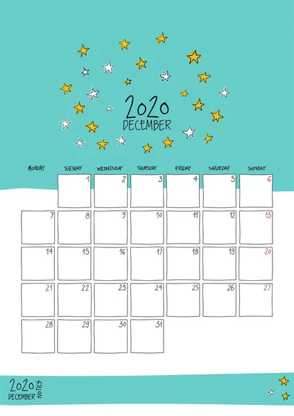 Diciembre 2020 doodle calendario de pared — Archivo Imágenes Vectoriales