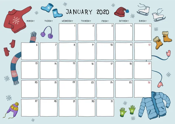 Roztomilý kalendář a plánovač na leden2020. Modré pozadí s barevnými ilustracemi zimního oblečení. Horizontální formát A4. — Stockový vektor