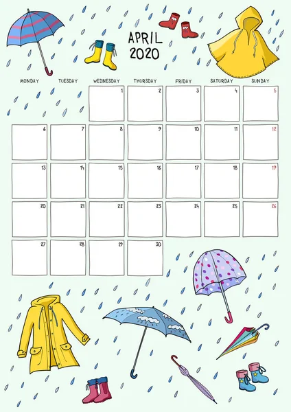 Roztomilý kalendář a plánovač na duben2019. Modré pozadí s barevnými ilustracemi deště oblečení. Formát A4. — Stockový vektor