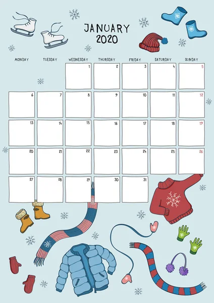 Calendario carino e pianificatore per gennaio 2020. Sfondo blu con illustrazioni colorate di vestiti invernali. Formato A4 . — Vettoriale Stock